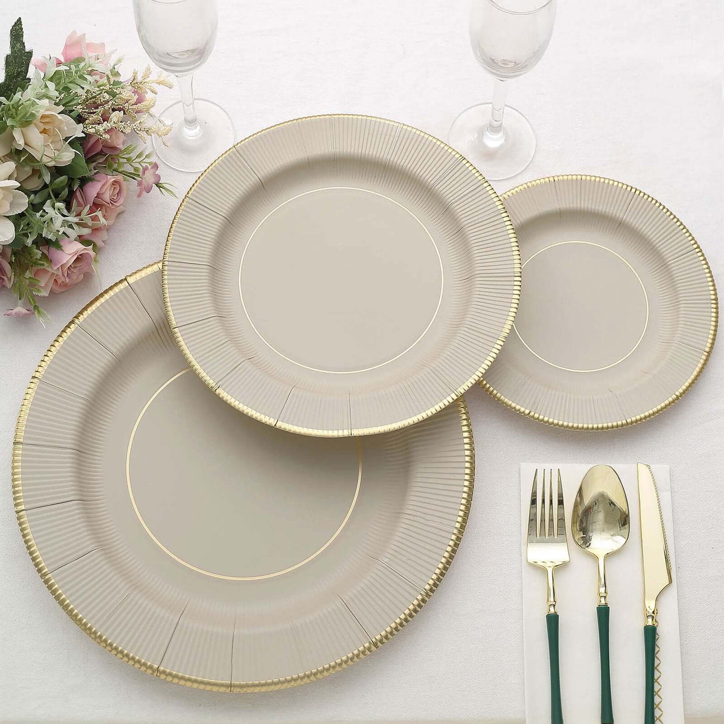 25-Pack Paper 8" Round Dessert Plates in Taupe Sunray Design with Gold Rim - Disposable Heavy Duty 350GSM Appetizer Salad Plates