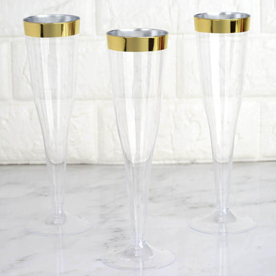 12-Pack Plastic Champagne Flutes Clear/Gold Hollow Stem - Stylish Disposable Glasses with Detachable Base for Toasts 6oz
