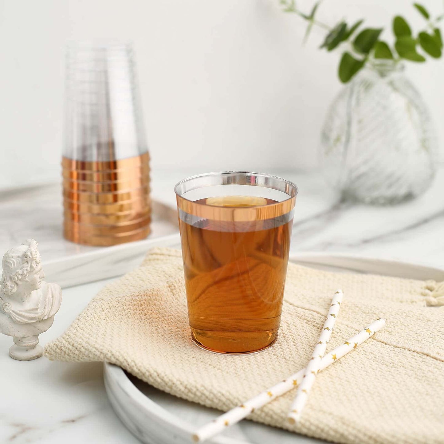 12-Pack Plastic Party Cups Clear with Rose Gold Rim - Durable Disposable Tumblers for Banquets & Special Occasions 10oz