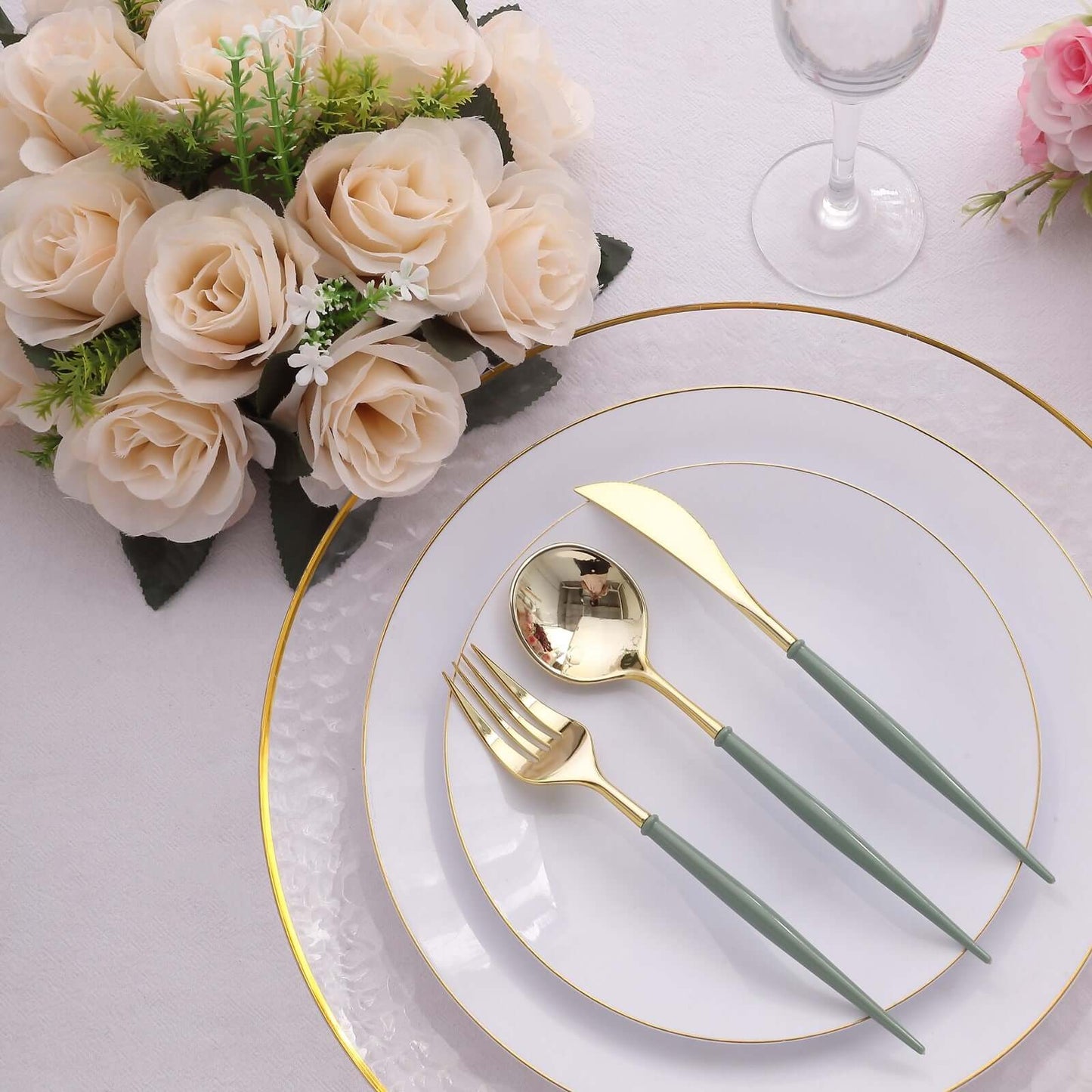 24-Pack Plastic Flatware Set in Metallic Gold with Dusty Sage Green Handle - Heavy Duty Disposable Modern Silverware 8"