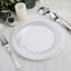 10-Pack Plastic 9" Round Dinner Plates White with Silver Swirl Rim - Disposable Party Plates