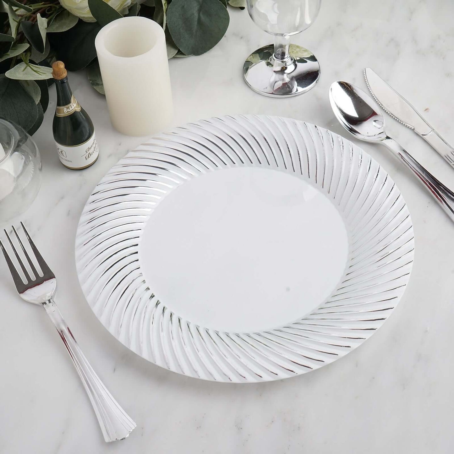 10-Pack Plastic 9" Round Dinner Plates White with Silver Swirl Rim - Disposable Party Plates
