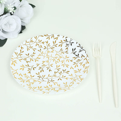 10-Pack Plastic 8" Round Salad Dessert Plates in White with Gold Leaf Design - Heavy Duty Disposable Party Plates for Stylish Events & Memorable Gatherings