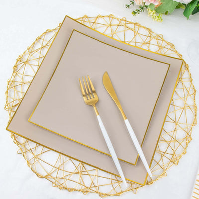 10-Pack Plastic 10" Square Dinner Plates in Taupe Concave Style with Gold Rim - Modern Disposable Party Plates