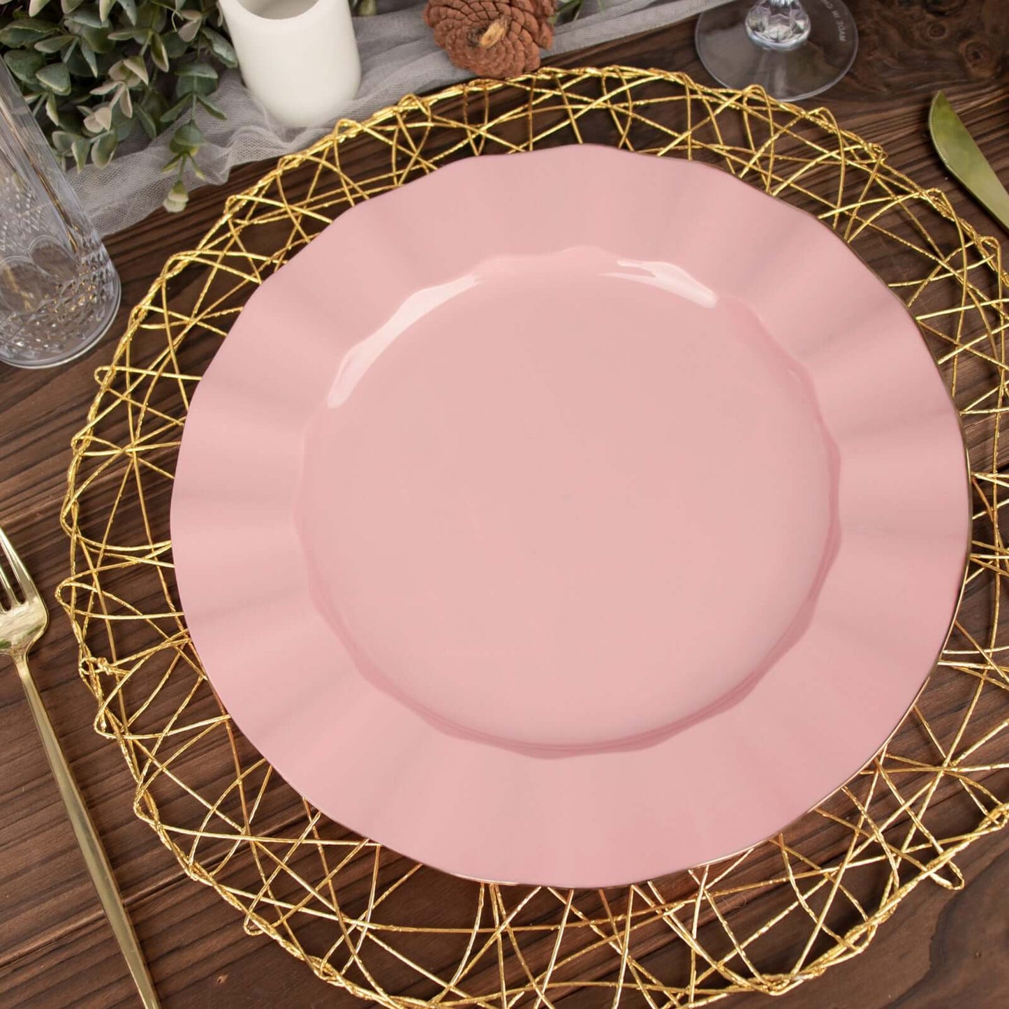 10-Pack Plastic 11" Round Dinner Plates in Dusty Rose Ruffled Rim with Gold Edging - Sturdy Disposable Dinnerware