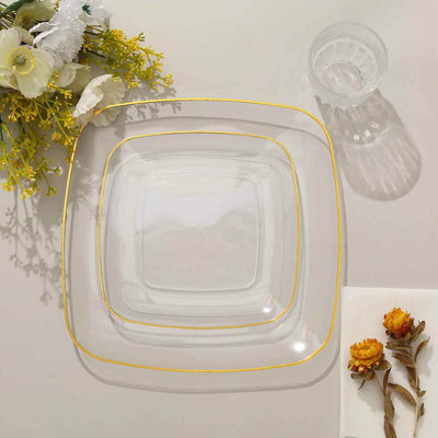 10-Pack Plastic 7" Square Dessert Plates in Clear with Gold Rim - Classy Disposable Appetizer Salad Plates