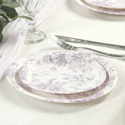 25-Pack Paper 7" Round Dessert Plates in White with Matte Lavender French Toile Pattern - Disposable Floral Salad Appetizer Plates