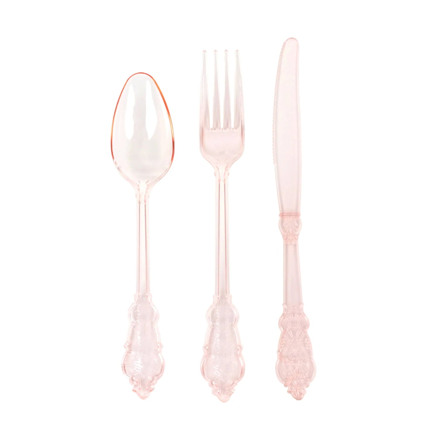 72 Pcs Plastic Silverware Set in Baroque Style Transparent Blush - Heavy Duty Disposable Knife, Fork, and Spoon Set