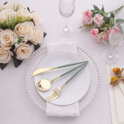 24-Pack Plastic Flatware Set in Metallic Gold with Dusty Sage Green Handle - Heavy Duty Disposable Modern Silverware 8"