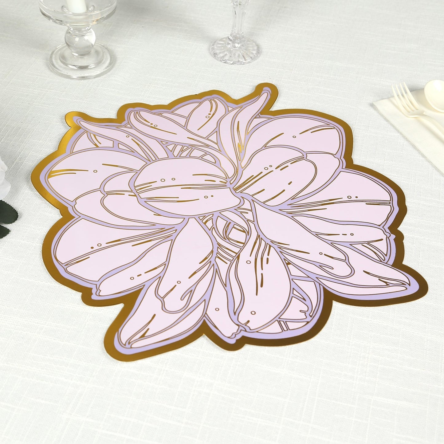 10-Pack Disposable Table Placemats in Lavender with Peony Flower Print & Gold Foil Edges - Lilac 300GSM Floral Cardboard Placemats for Dinner Parties & Gatherings 14"