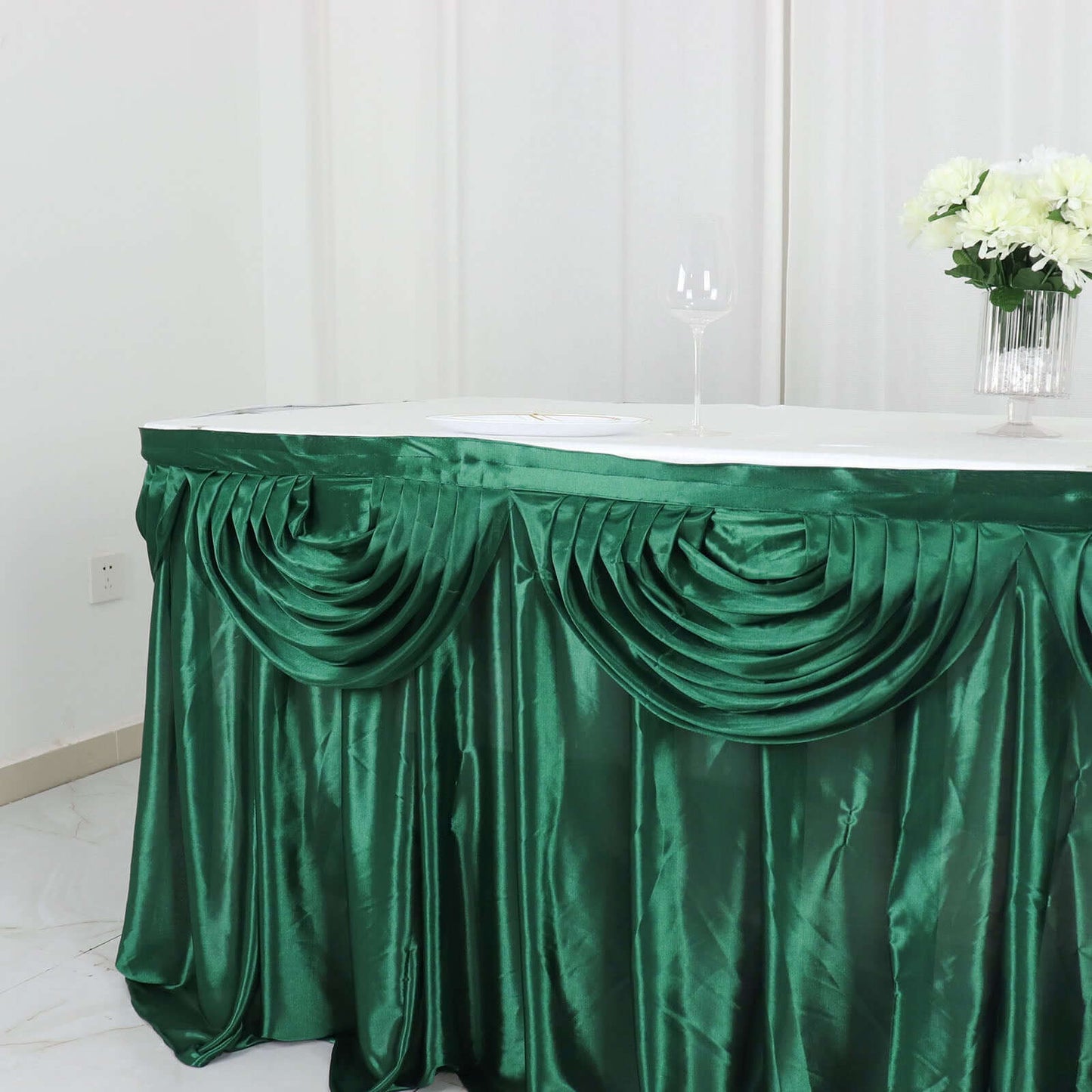 Satin 14ft Table Skirt Hunter Emerald Green - Pleated Double Drape Table Cover