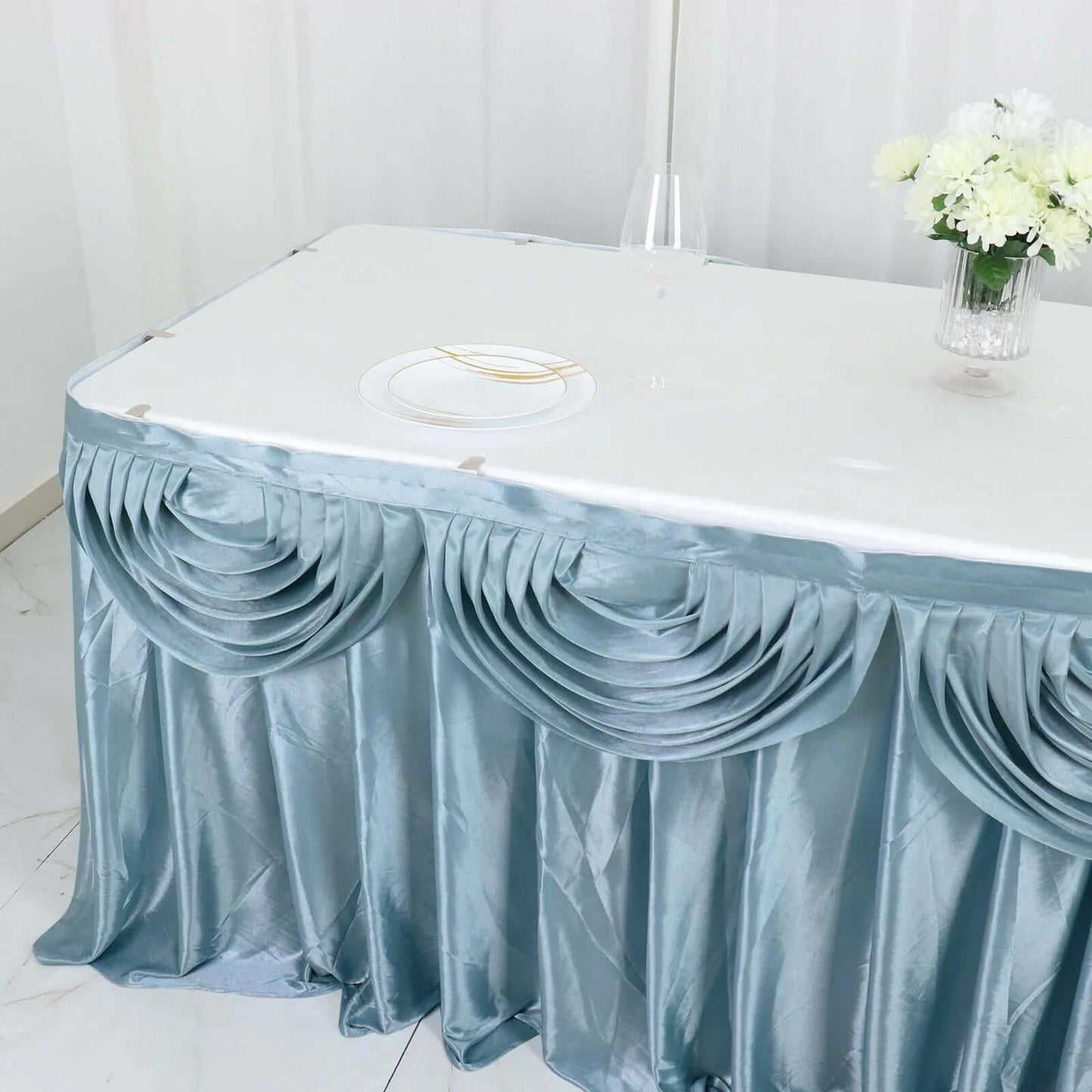 Satin 14ft Table Skirt Dusty Blue - Pleated Double Drape Table Cover