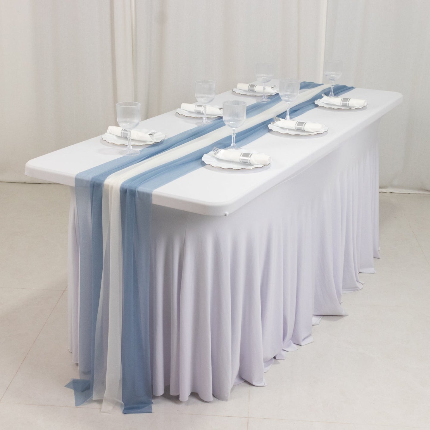 20-Pack 9ft Sheer Table Runners â€“ Dusty Blue/Ivory Shimmer Sheer Drapes, Wrinkle-Free