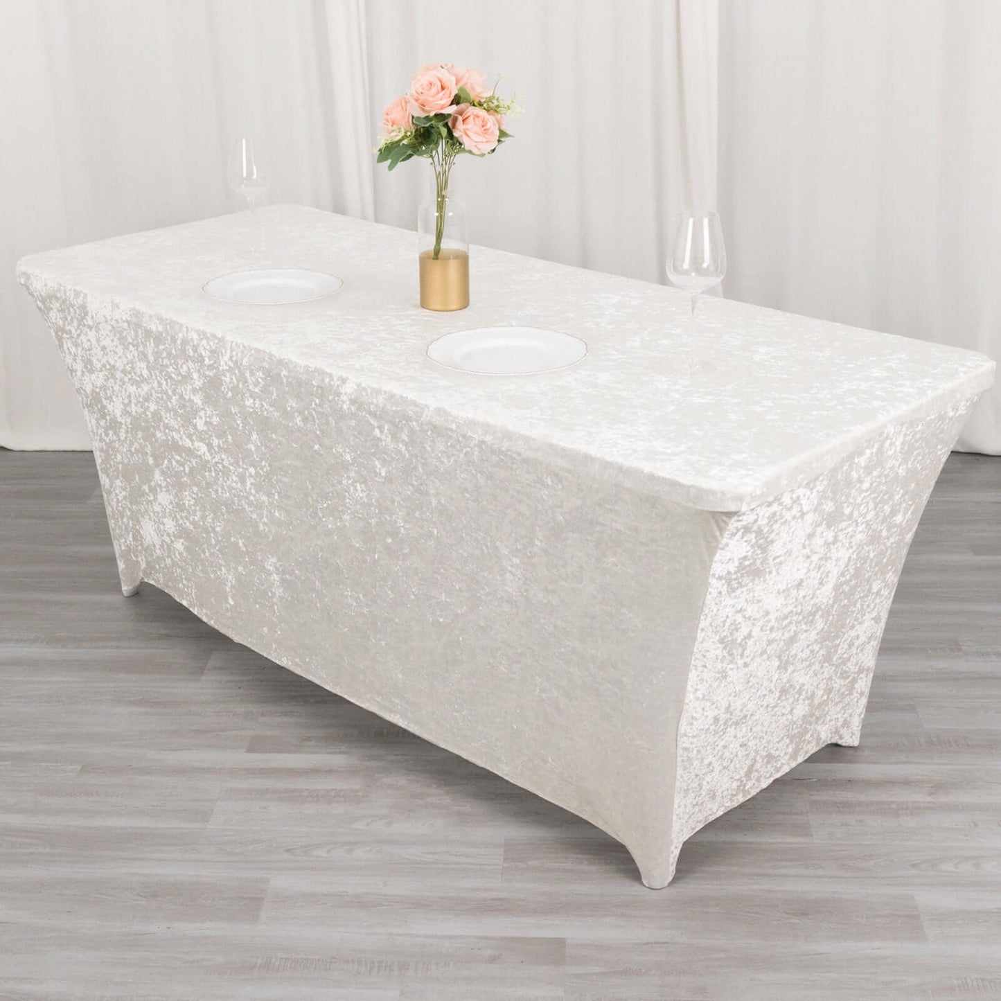 Crushed Velvet Fitted Rectangular 6ft Table Cover White - Wrinkle-Free Stretchy Tablecloth for Weddings and Banquets