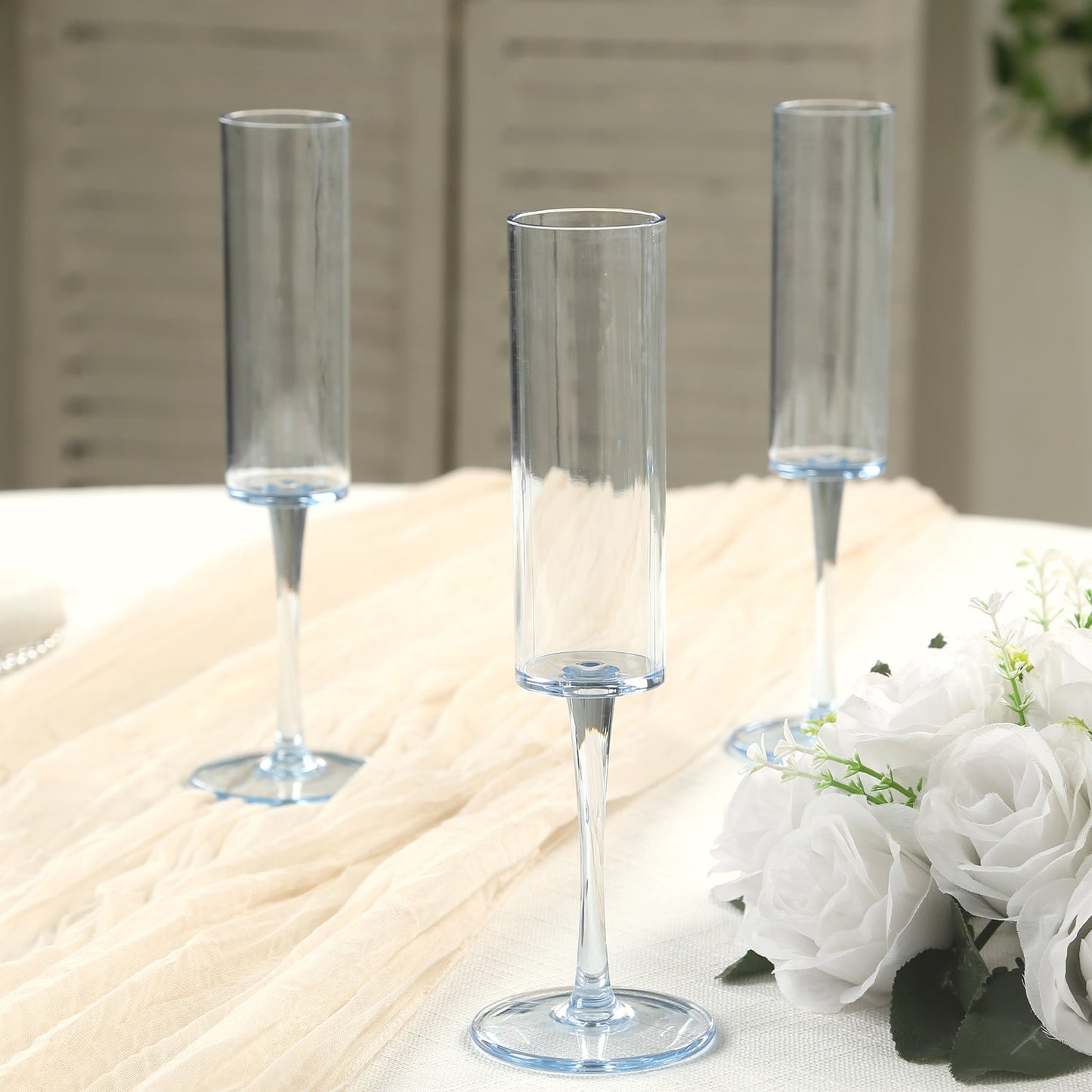 6-Pack Plastic Wine Mimosa Goblets Transparent Dusty Blue Cylindrical Shape - Reusable Champagne Flute Glasses 9.5" Tall 6oz