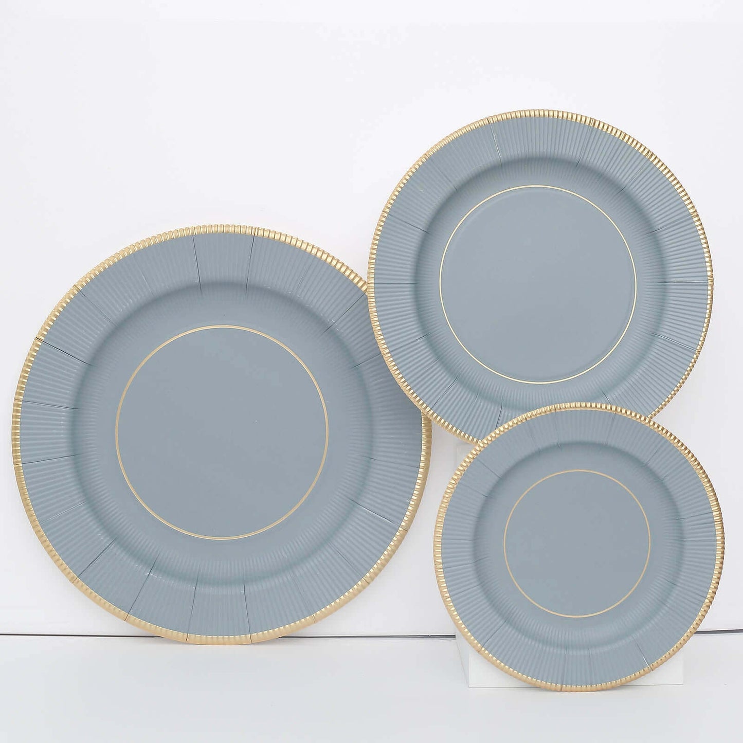 25-Pack Paper 8" Round Dessert Plates in Dusty Blue Sunray Design with Gold Rim - Disposable Heavy Duty 350GSM Appetizer Salad Plates