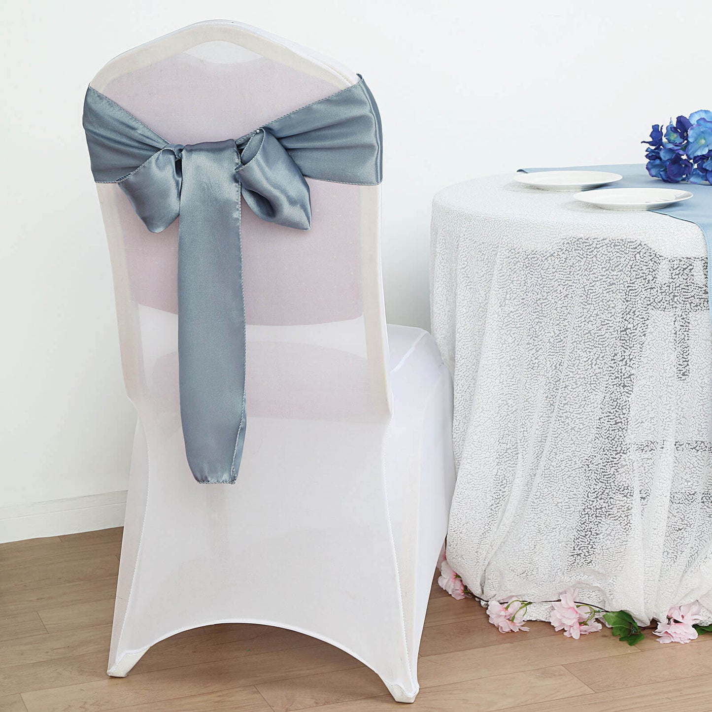 5 Pack Satin Chair Sashes Dusty Blue - Durable Chair Bows with Shiny Finish 6"x106"
