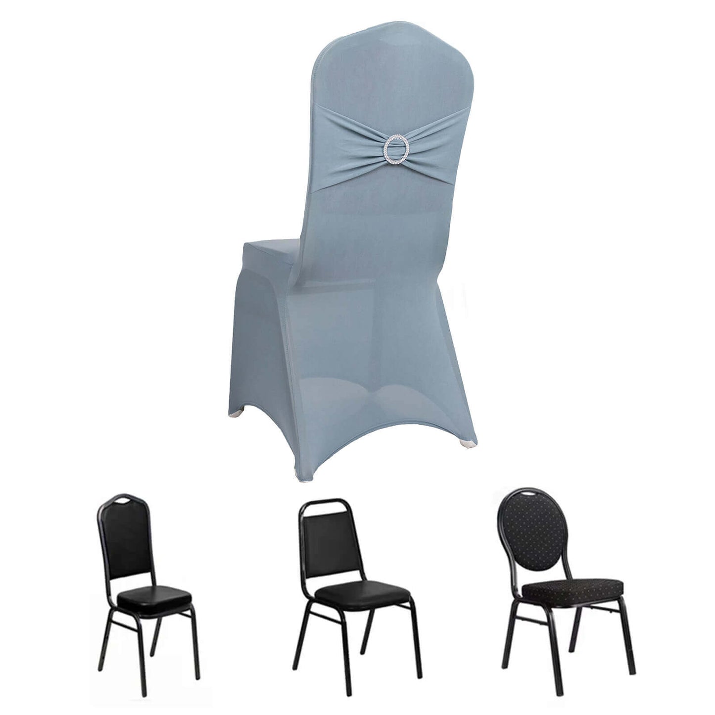 Spandex Chair Cover with Silver Rhinestone Buckled Sash Band Dusty Blue - Stretch Fitted Slipcover