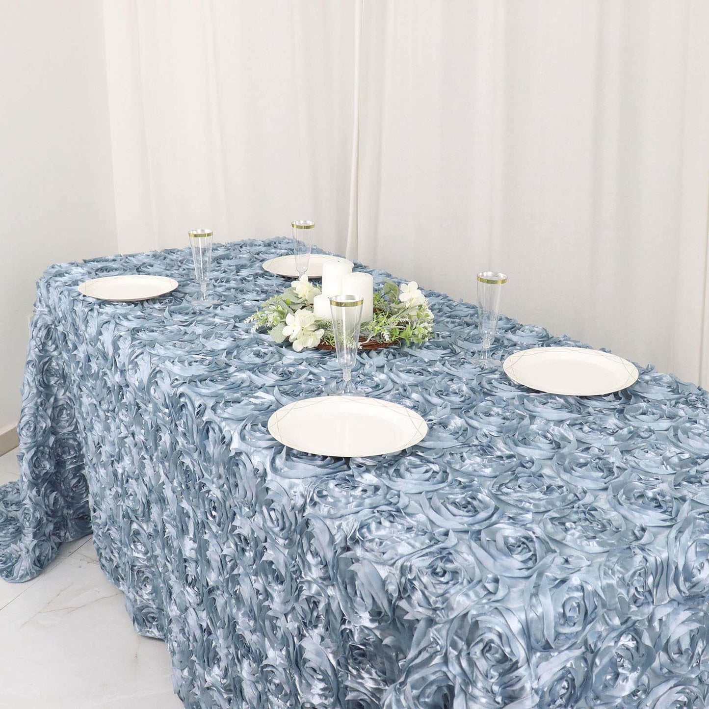Satin 90"x132" Rectangle Tablecloth Dusty Blue - Grandiose 3D Rosette Seamless Table Cover