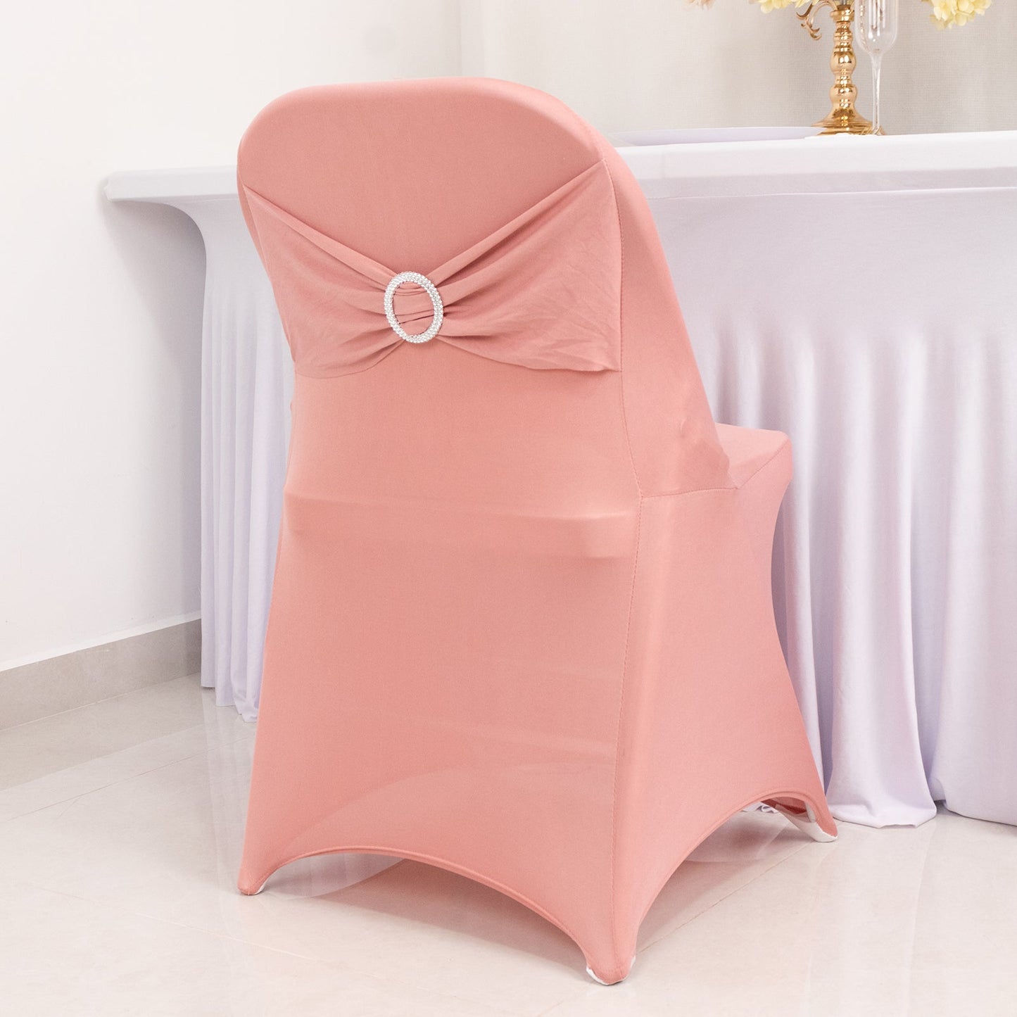 Stretch Spandex Chair Cover Dusty Rose for Folding Chairs - Secure Fit Slipcover with Silver Rhinestone Buckled Sash Band