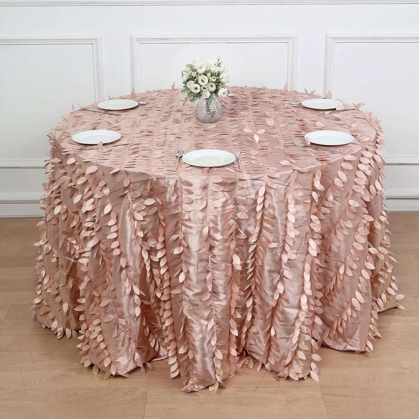 Taffeta 120" Round Tablecloth Dusty Rose | 3D Leaf Petal Design Seamless Table Cover