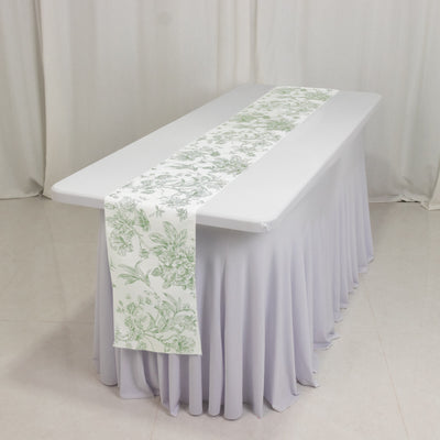Polyester Table Runner 12"x108" White with Dusty Sage Green French Toile Floral Print Reusable Table DÃ©cor