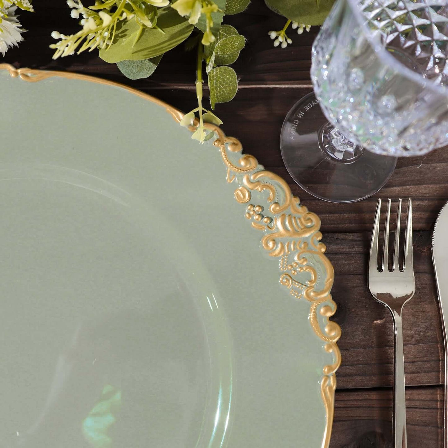 6-Pack Acrylic Round Charger Plates 13" in Dusty Sage Green with Gold Embossed Baroque Rim, Antique Decorative Dinner Party Charger Tableware