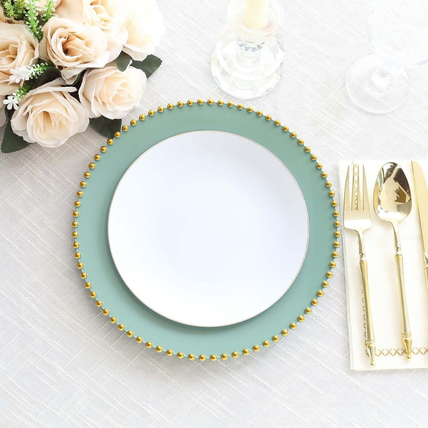 10-Pack Plastic 10" Round Dinner Plates in Dusty Sage Green with Gold Beaded Rim - Disposable Party Plates for Banquets & Festive Occasions