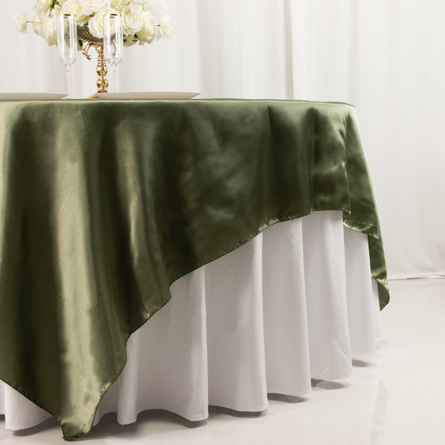 Satin 90"x90" Table Overlay Square Tablecloth Dusty Sage Green - Smooth Finish Table Topper