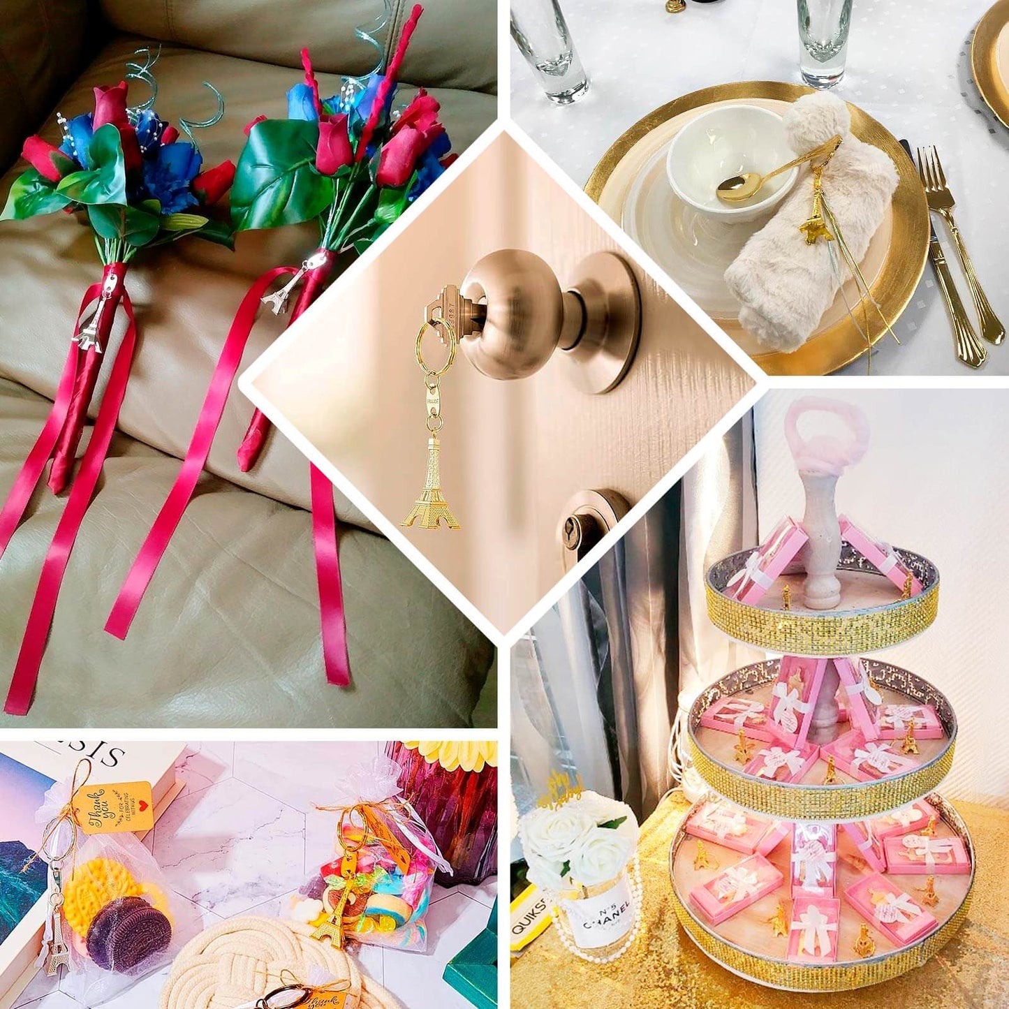 10 Pack Silver Plastic Paris Eiffel Tower Keychain Wedding Favors, 4" Bridal Shower Party Souvenirs With Thank You Tag