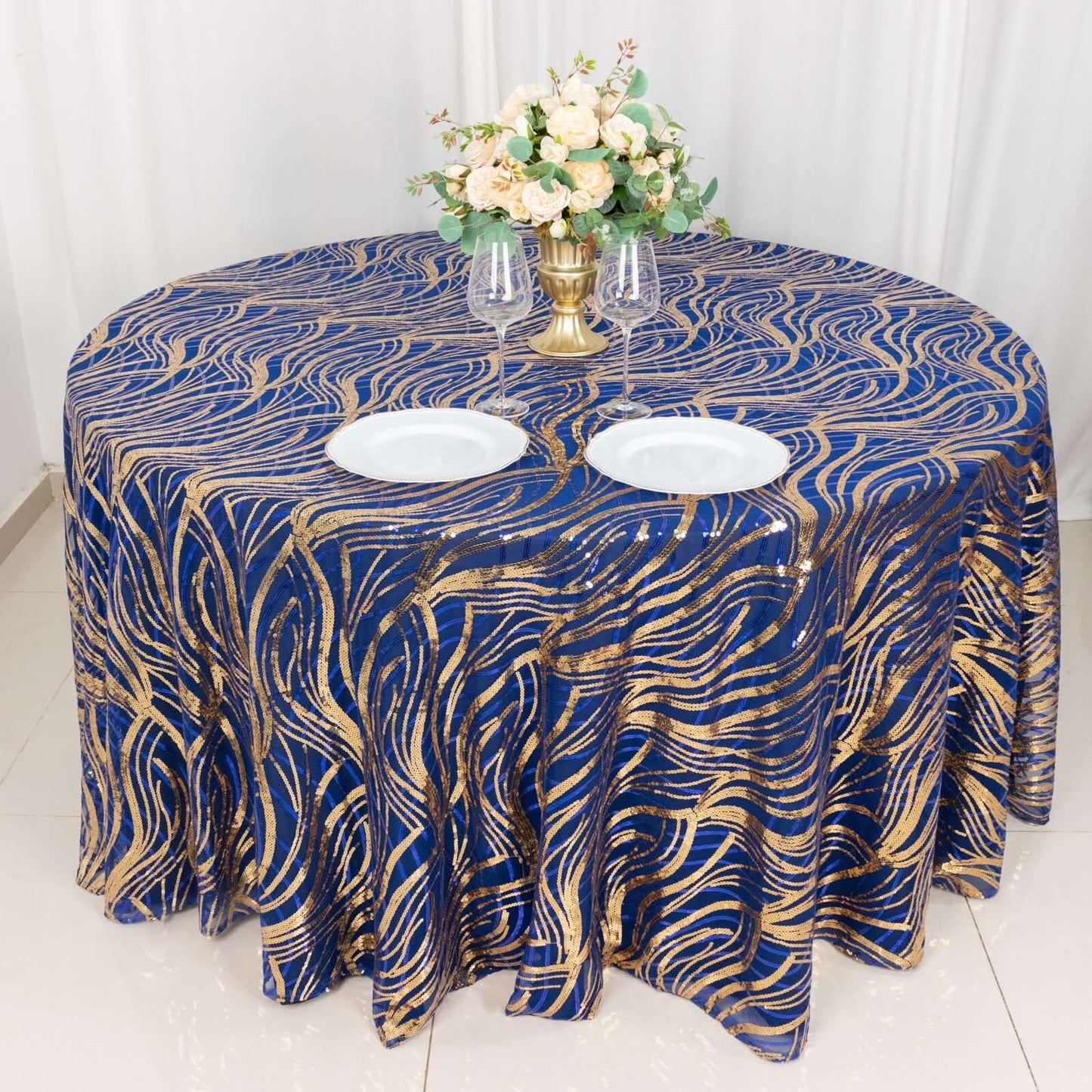 Sequin Mesh 120" Round Tablecloth Royal Blue/Gold - Seamless Wave Embroidered Table Cover