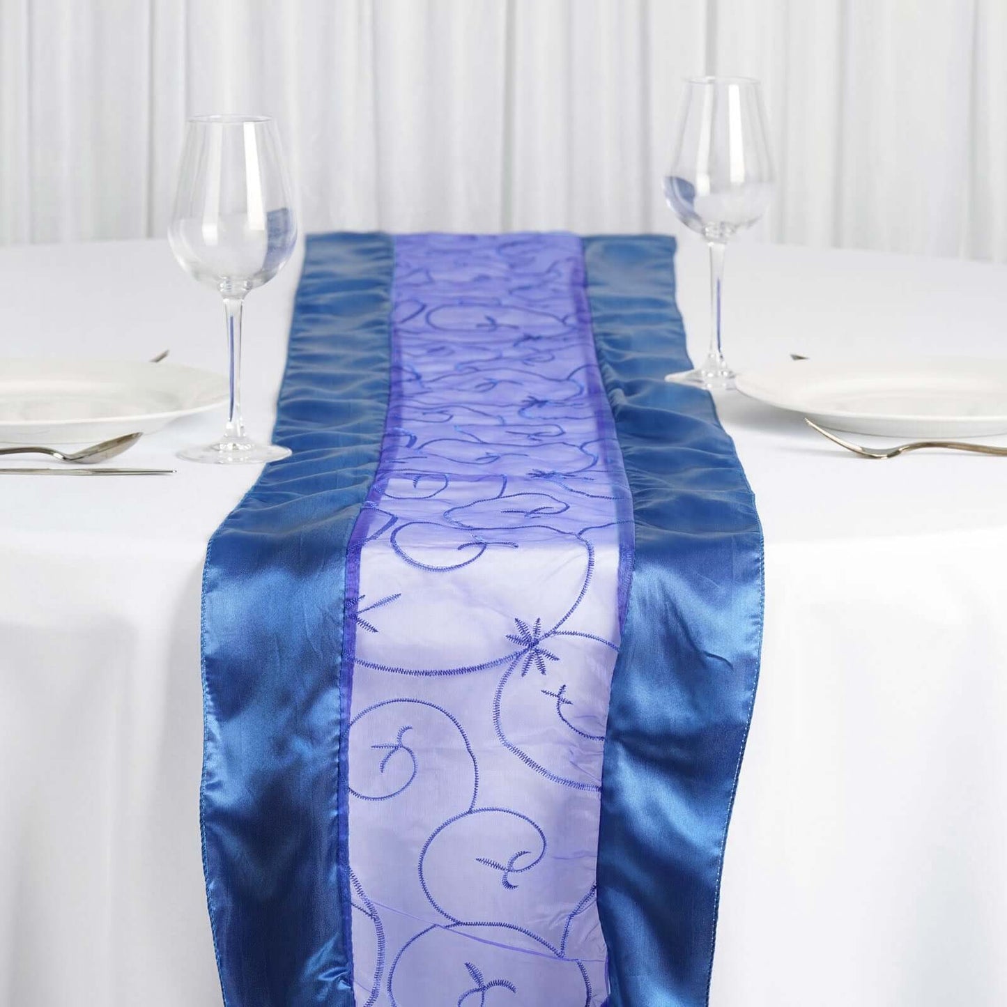 Satin Organza 14"x108" Table Runner Royal Blue Embroidered Design - Sheer & Stylish for Luxurious Table Settings