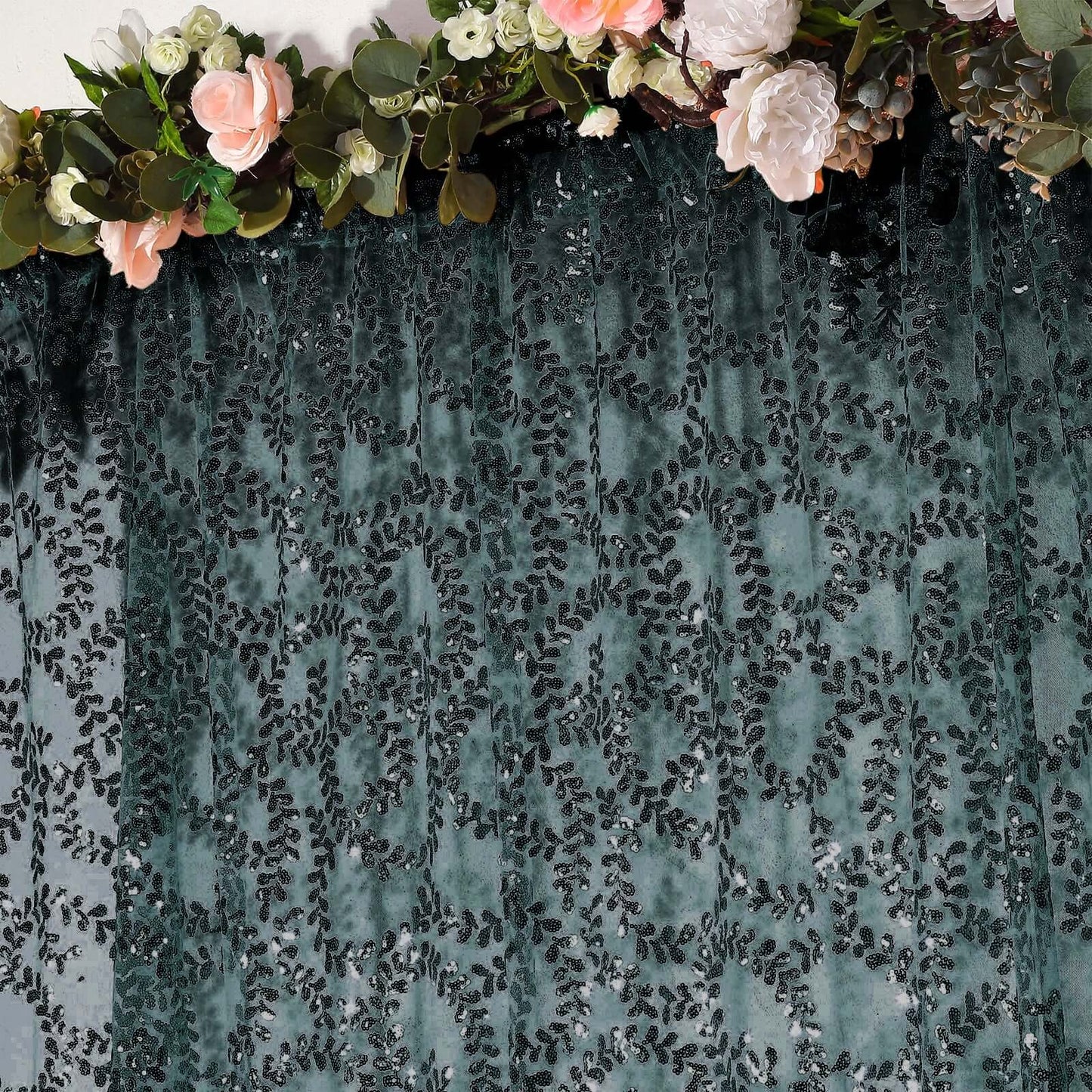 8ftx8ft Hunter Emerald Green Embroider Sequin Event Curtain Drapes, Sparkly Sheer Backdrop Event Panel With Embroidery Leaf