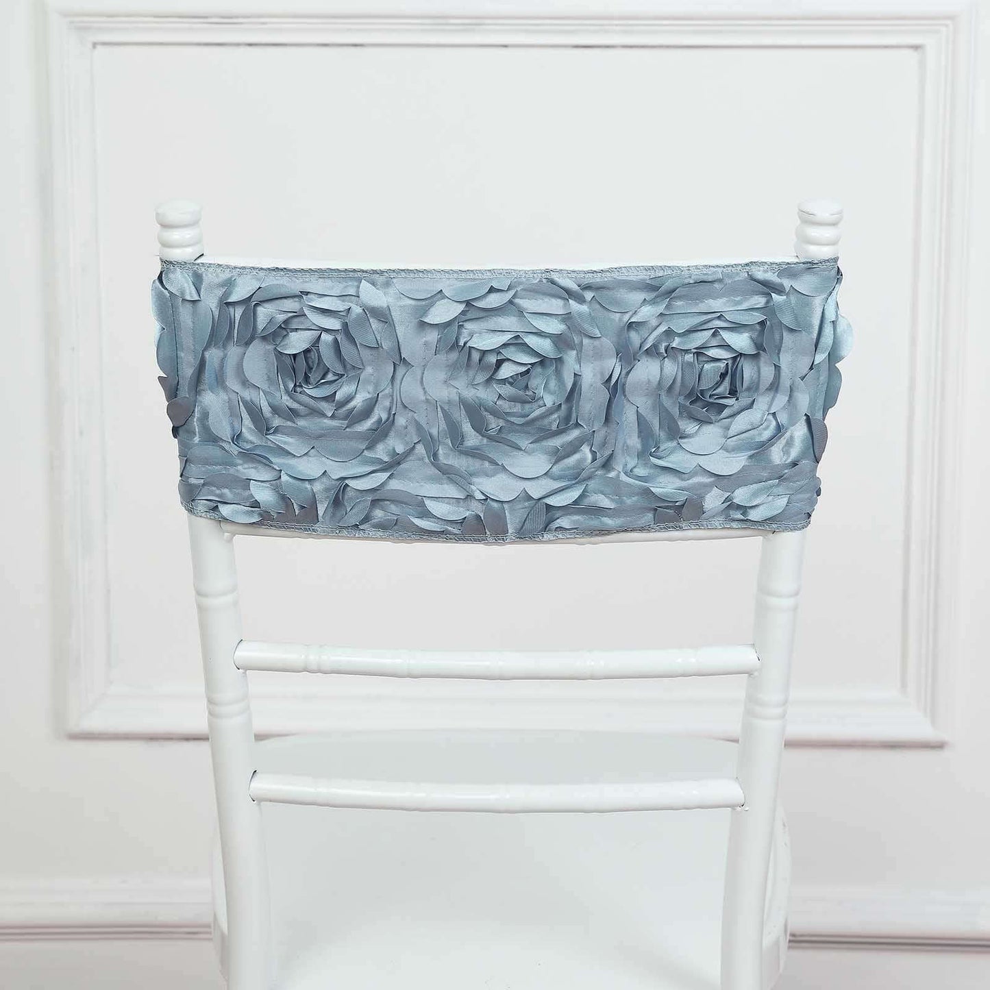 5 Pack Satin Spandex Chair Sashes Dusty Blue - Rosette Design Stretch Chair Bands 6"x14"
