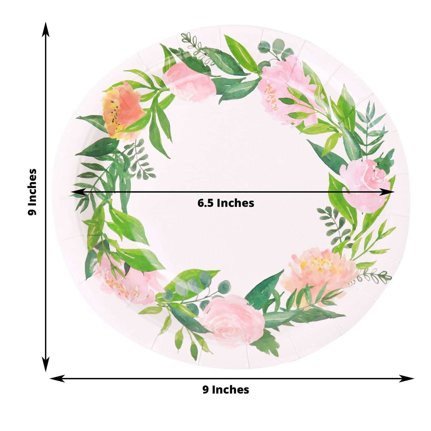25-Pack Paper 9" Round Dinner Plates in White with Rose/Peony Flower Wreath - Disposable Party Plates for Bridal Showers & Garden Parties
