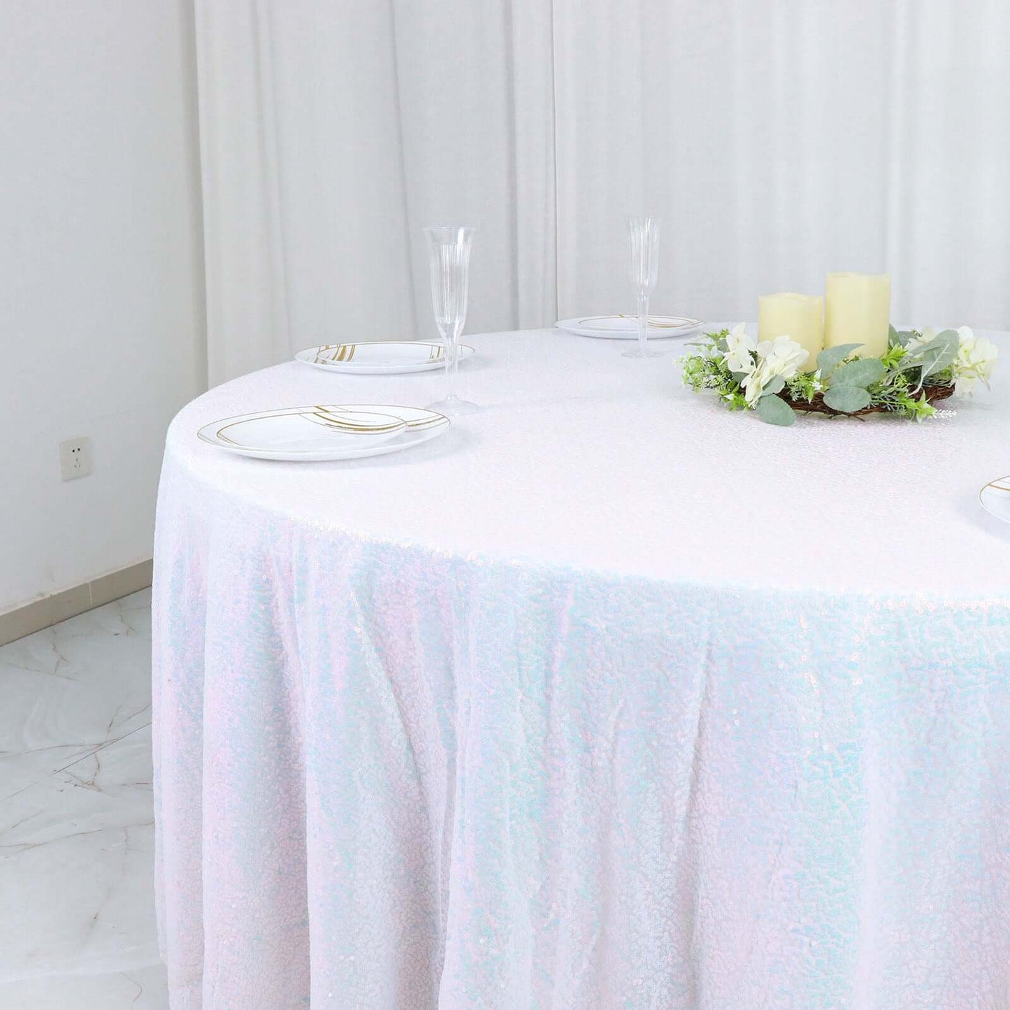 Sequin 120" Round Tablecloth Iridescent Blue - Seamless Glittering Table Cover