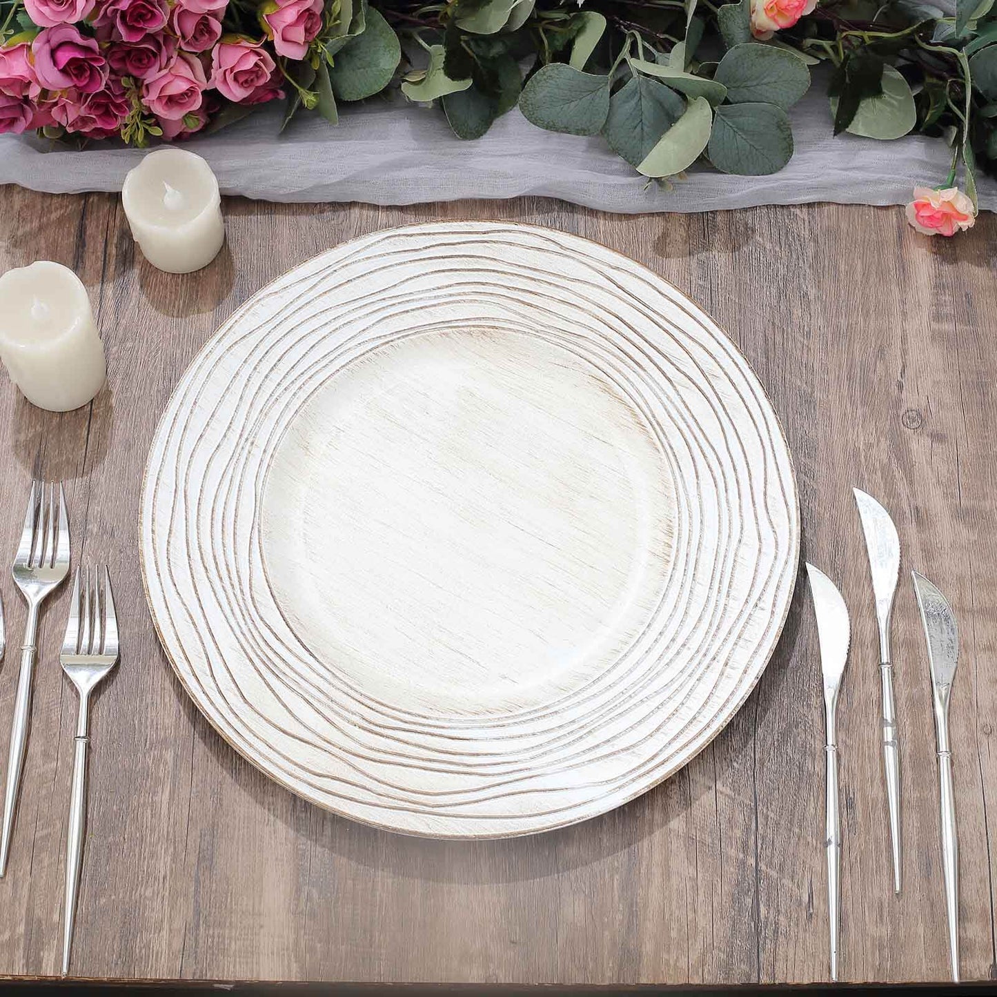 6-Pack Faux Wood Round Charger Plates 13" White Washed with Rose Embossed Rim, Disposable Plastic Charger Tableware