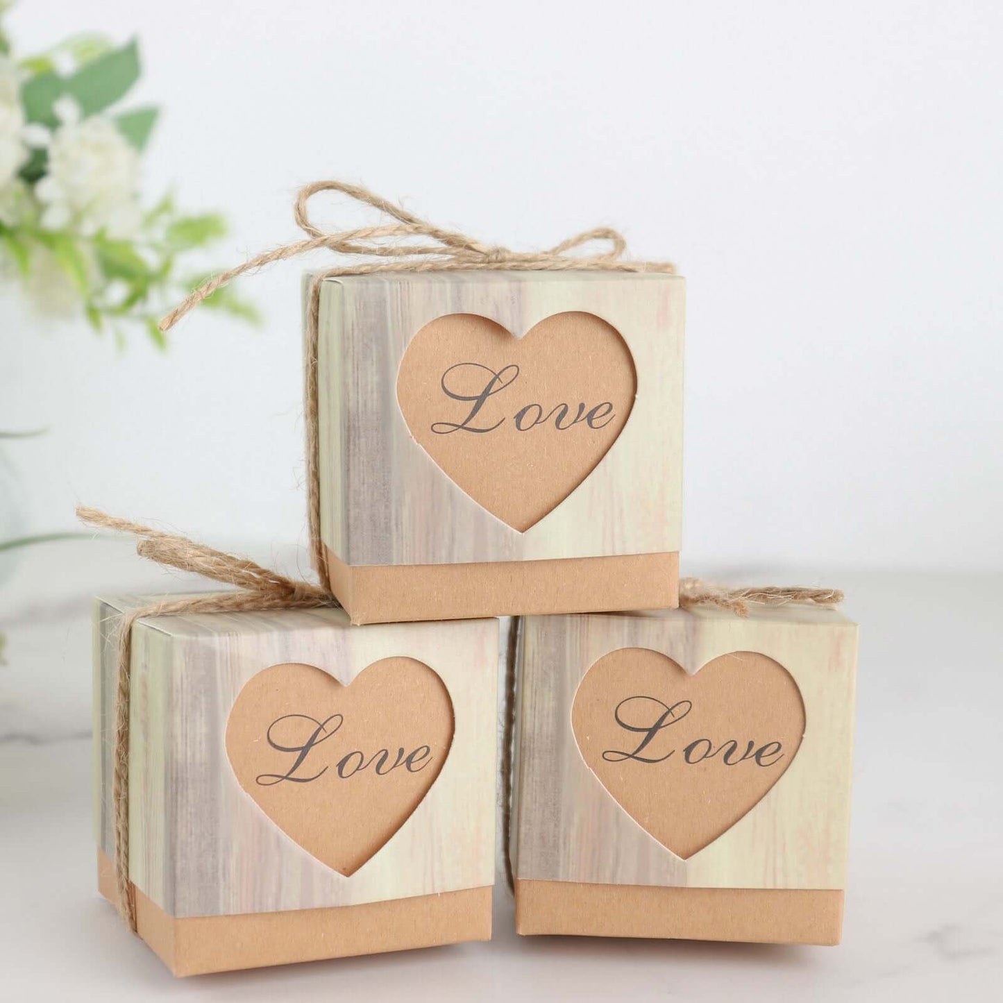 25 Pack 2.5" Rustic Wood Pattern Natural Brown Paper Candy Gift Boxes, Square Party Favor Boxes with Burlap Jute Twine and Love Heart Cut Out