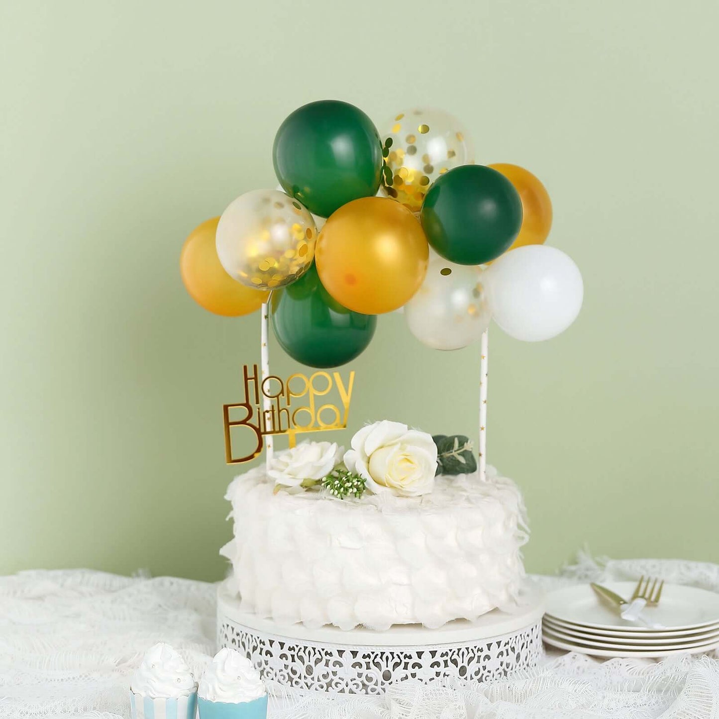 14 Pcs Balloon Cake Topper Clear, Gold, Hunter Green and White - Whimsical Clustered Mini Garland Cake Inserts DIY Party Decorations