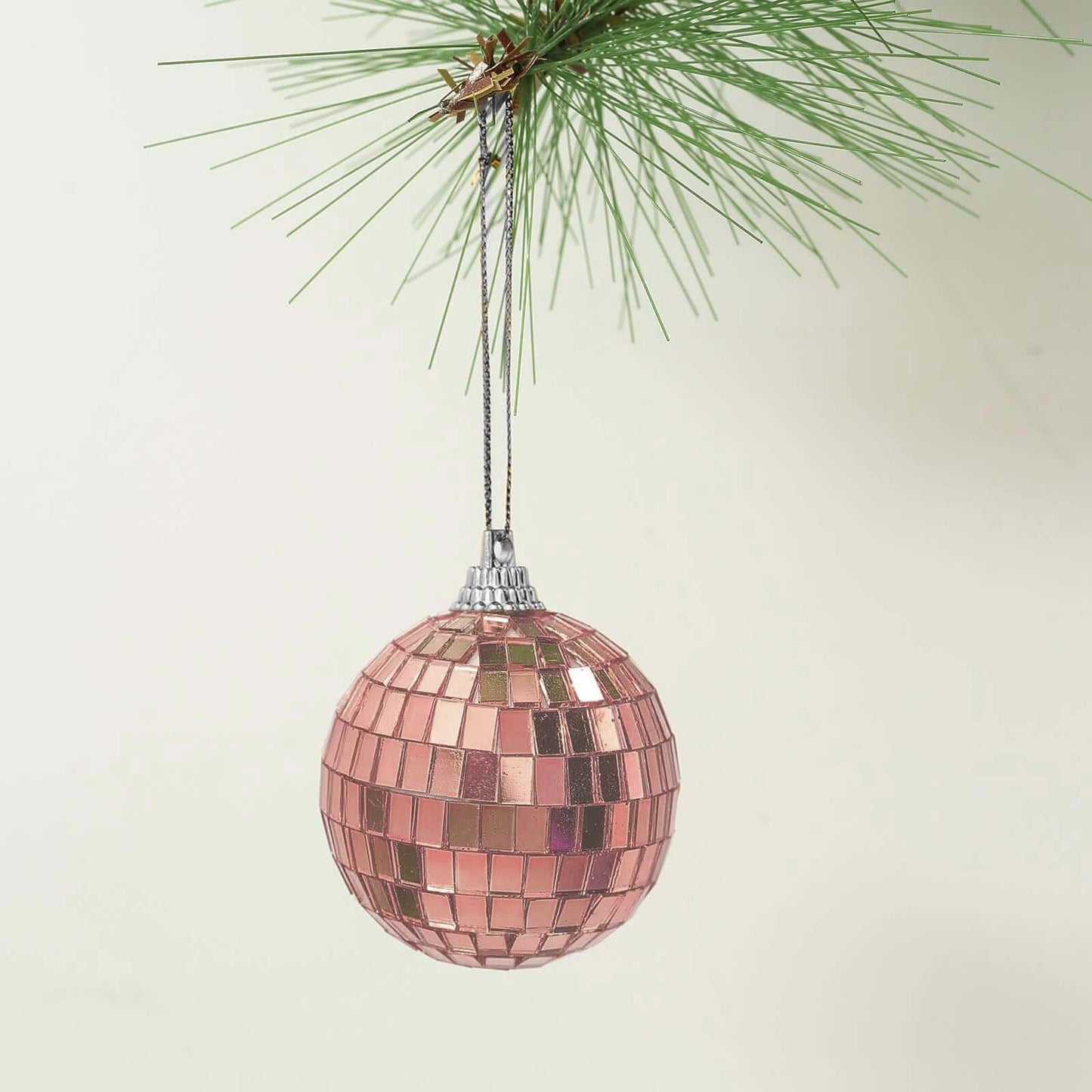 6 Pack 2" Rose Gold Foam Disco Mirror Ball With Hanging Strings, Holiday Christmas Ornaments