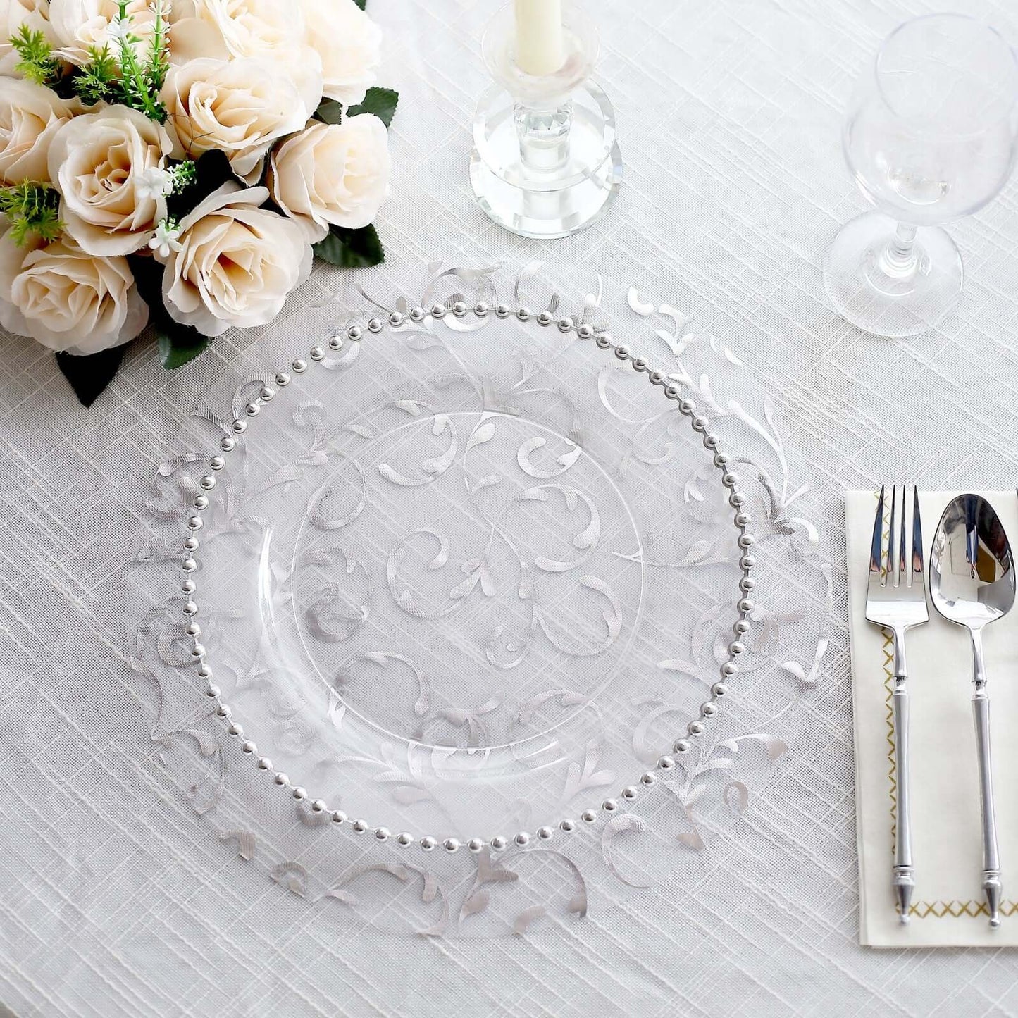 10-Pack Table Placemats Embossed Foil Flower Design Metallic Silver Round - Sheer Organza Disposable Mats 13"