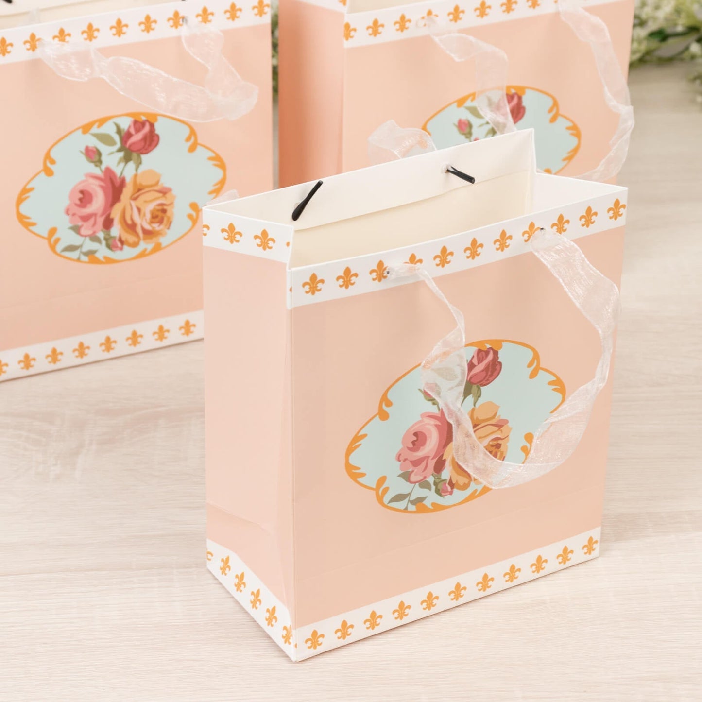 12-Pack Favor Bags Vintage Rose Floral Tea Party, Dusty Rose Paper Goodie Gift Bags with Ribbon Handles, 6"x7"x3"