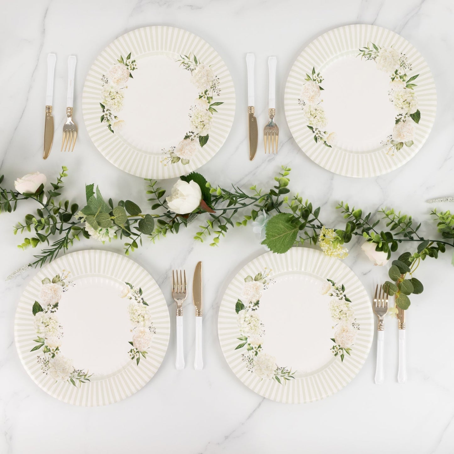 25-Pack Paper 10" Round Dinner Plates in White with Sage Green Floral Print & Lined Rim - Disposable Party Plates for Bridal Showers & Luncheons