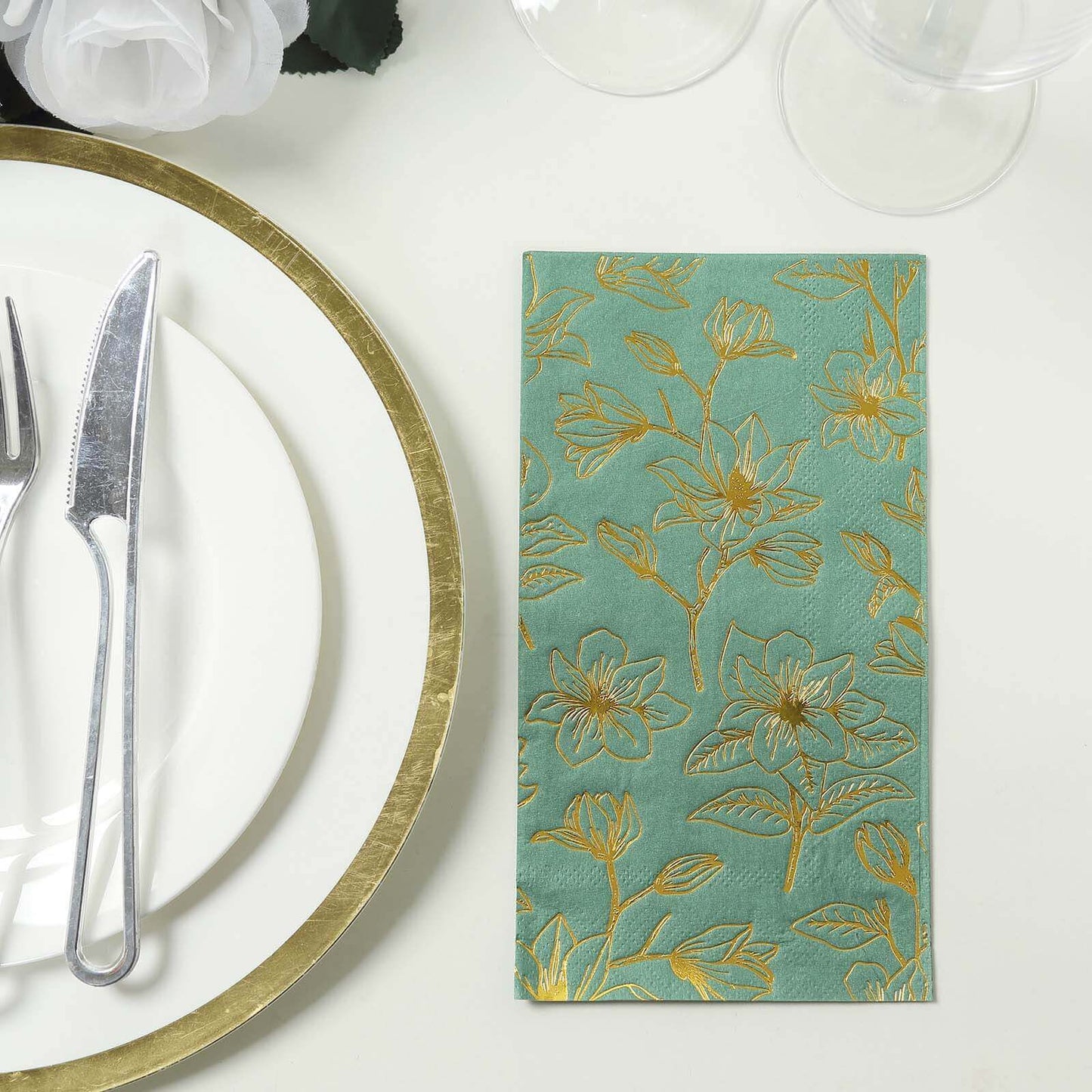 50-Pack Paper Dinner Napkins Dusty Sage Green with Gold Magnolia Flowers Print 2-Ply - Disposable Soft Napkins for Parties