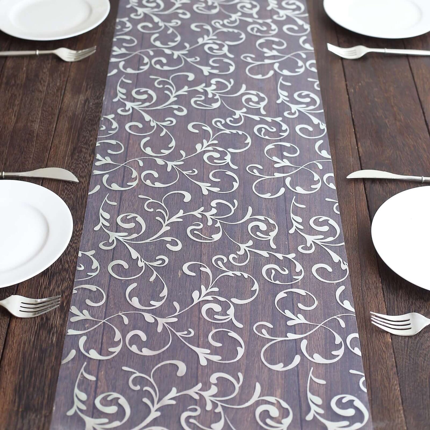 Sheer Organza 12"x108" Table Runner Roll Metallic Silver Foil Embossed Floral Design - Stylish Event Decoration