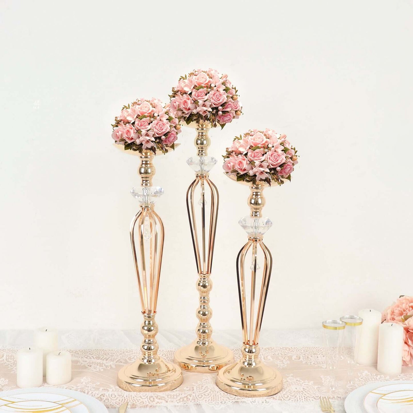 Set of 3 Metal Pedestal Stands with Crystal Ball Flower Bowl Design Gold - Pillar Candle Holders 20", 23", 25"