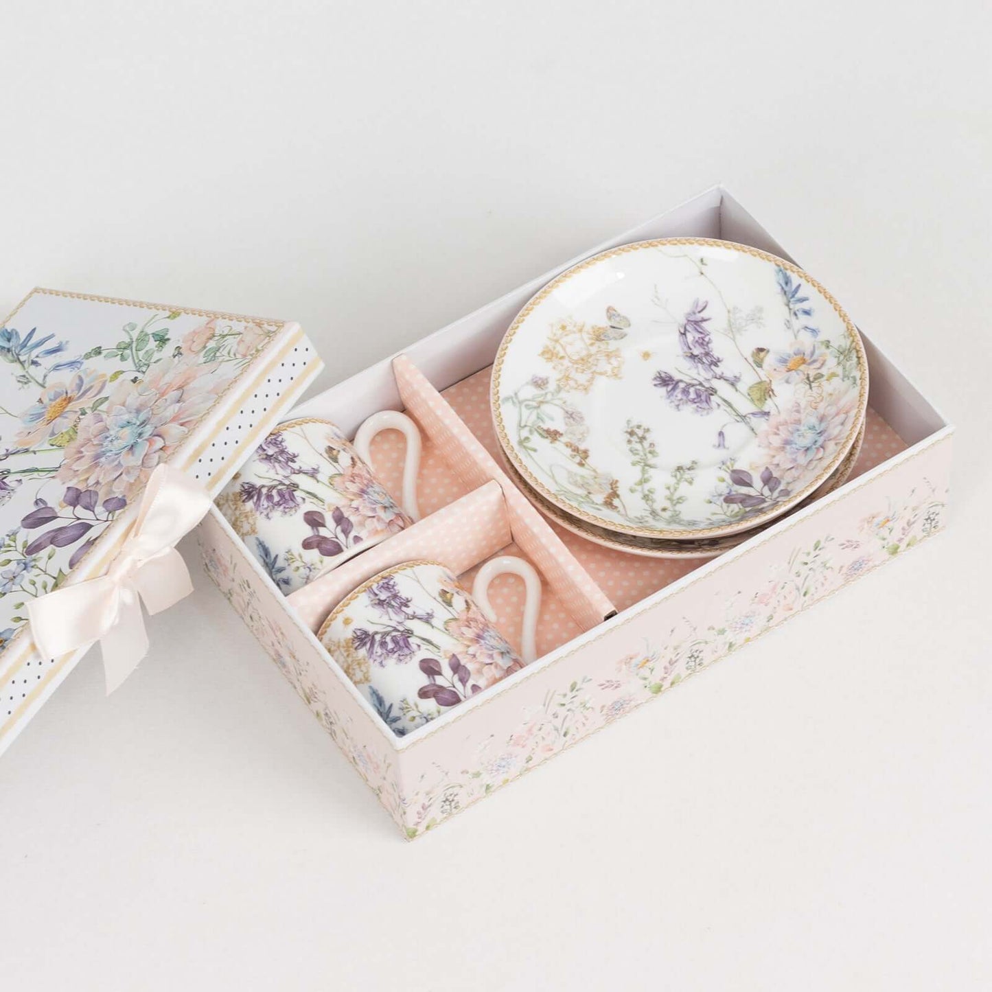 Blush Floral Design Bridal Shower Gift Set, Set of 2 Porcelain Espresso Cups and Saucers with Matching Keepsake Box