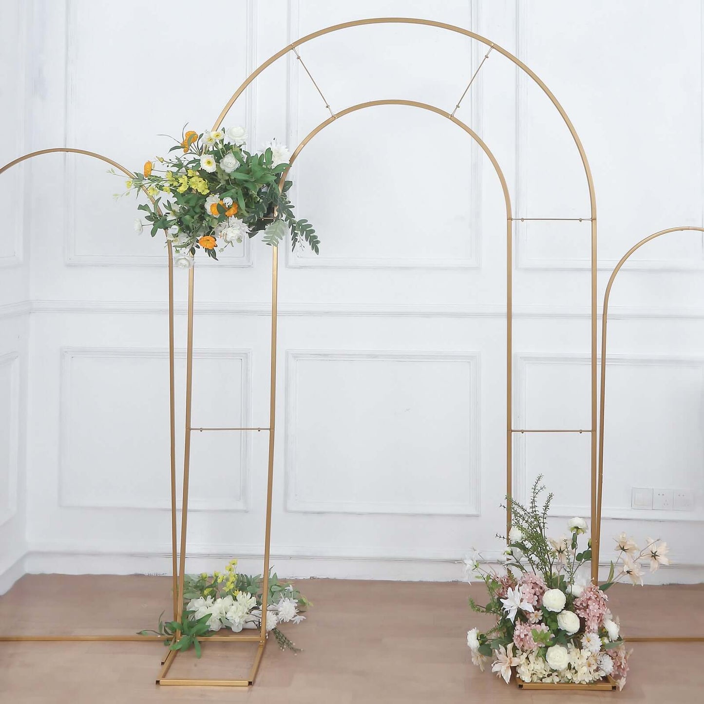 8ft Tall Gold Metal Round Top Double Arch Wedding Arbor Ceremony Stand, Flower Balloon Frame Backdrop Stand