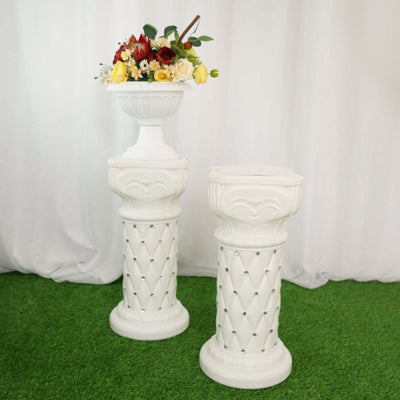 2 Pack White Crystal Beaded Pedestal Stand French Inspired Pillar With 10mm Crystal Studs - 25" Tall PVC