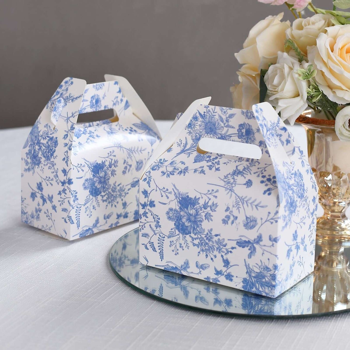 25 Pack White Blue Candy Gift Tote Gable Boxes in French Toile Pattern, Party Favor Treat Boxes - 6"x3.5"x7"